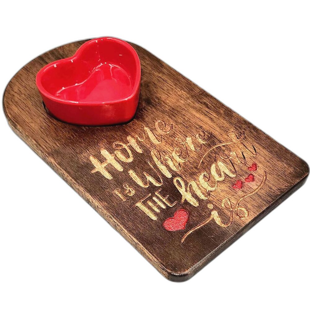Engraved Home is where the heart is Serving‎ Tray and dish with red heart gift